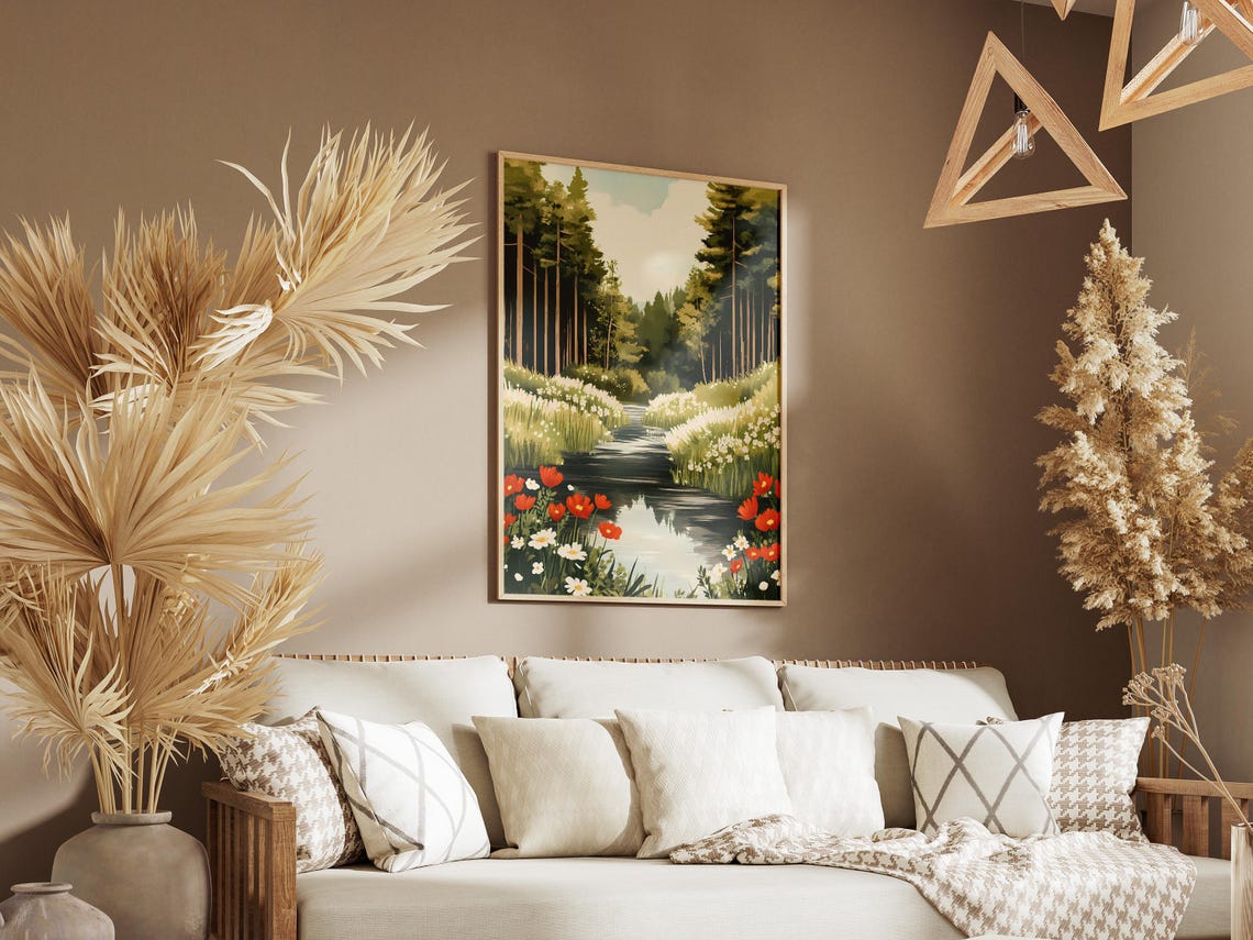 Forest River With Red Poppies And White Wildflower Banks Poster - Image 3