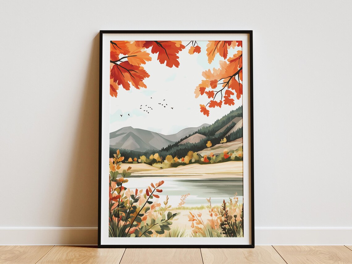 Autumn Mountain Lake with Maple Trees and Flying Birds Poster