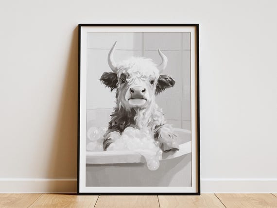Highland Cow In Bathtub Poster Print Funny Bathroom Wall Art Farm Animal Cattle Bubble Bath Modern Farmhouse Decor