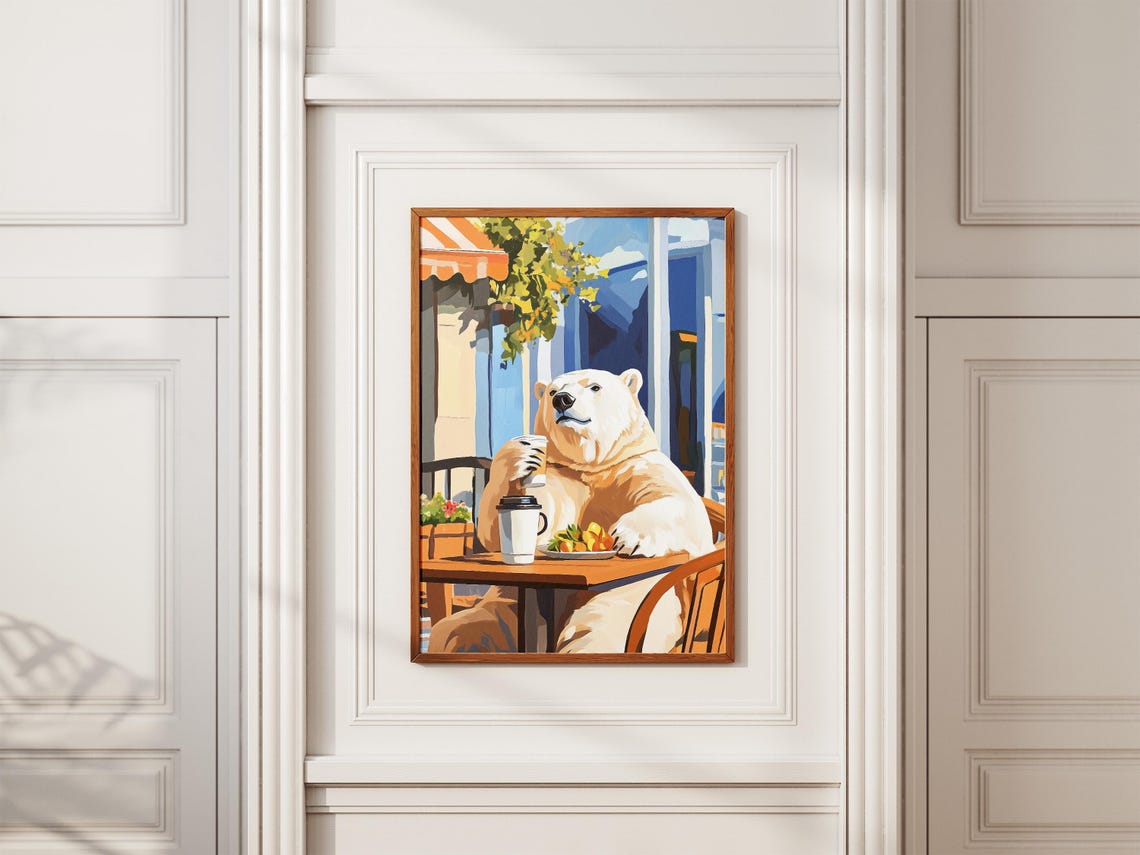 Polar Bear With Takeaway Coffee Cup At A Sunny Cafe Scene Poster - Image 2