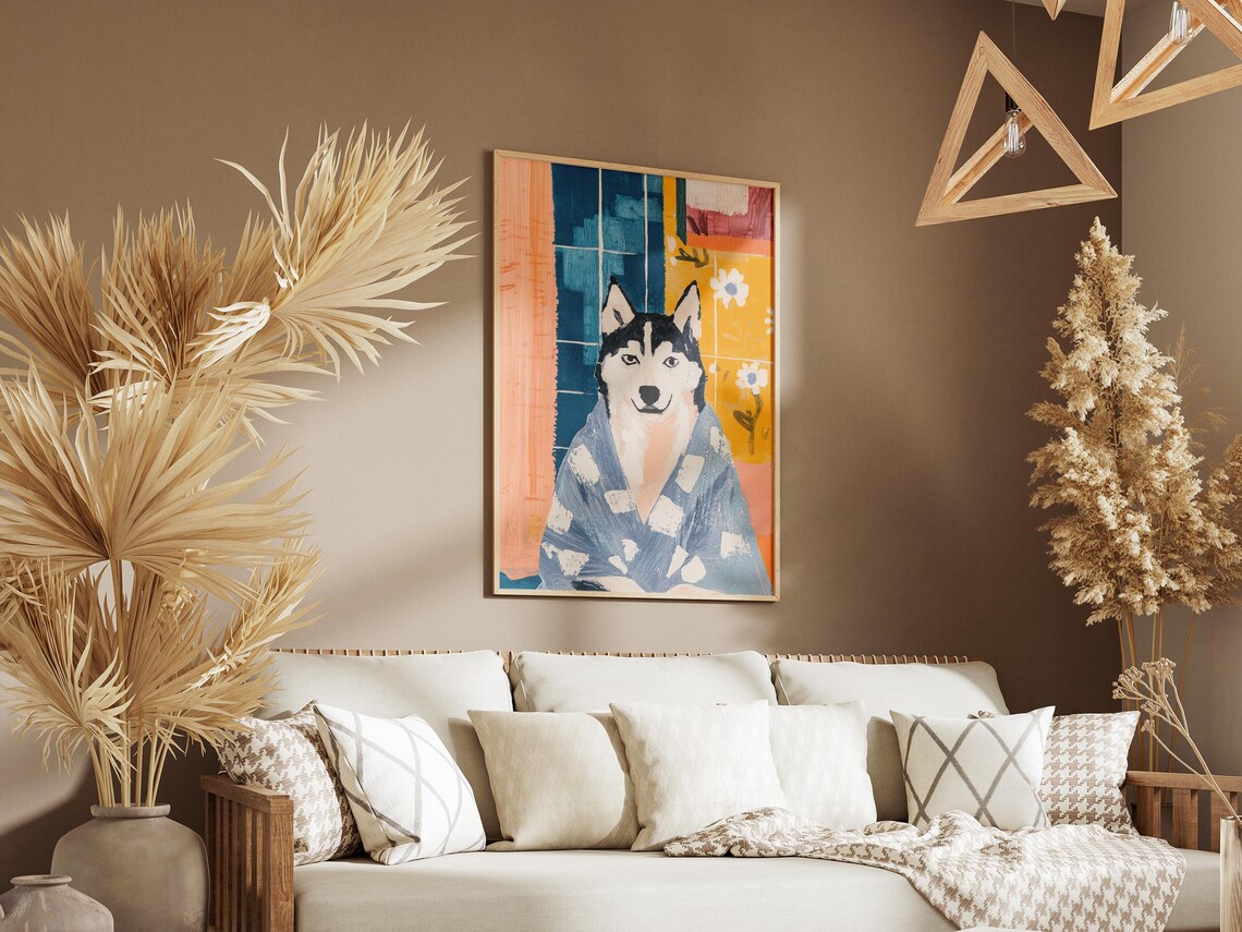 Stylish Husky In Blue Checkered Bathrobe Colorful Dog Wall Poster - Image 3