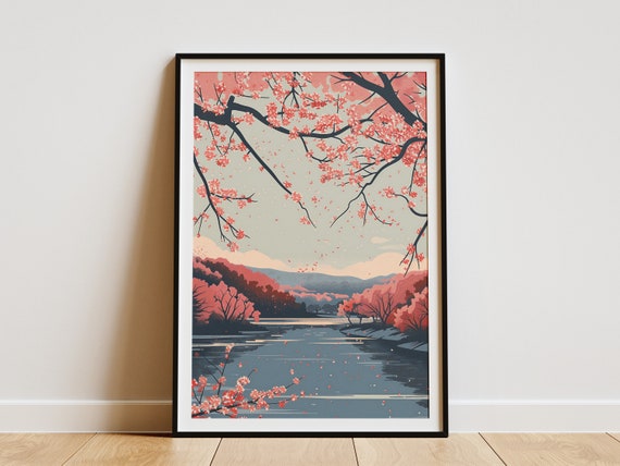 Cherry Blossom Tree Lake Landscape Poster Print Japanese Art Nature Wall Decor
