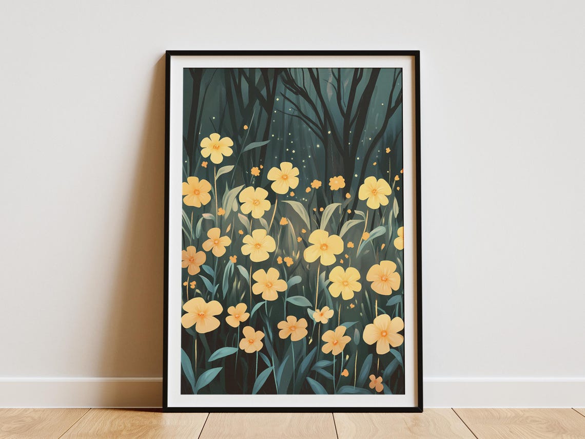 Golden Primroses Moonlit Forest Twilight Enchanted Flower Poster