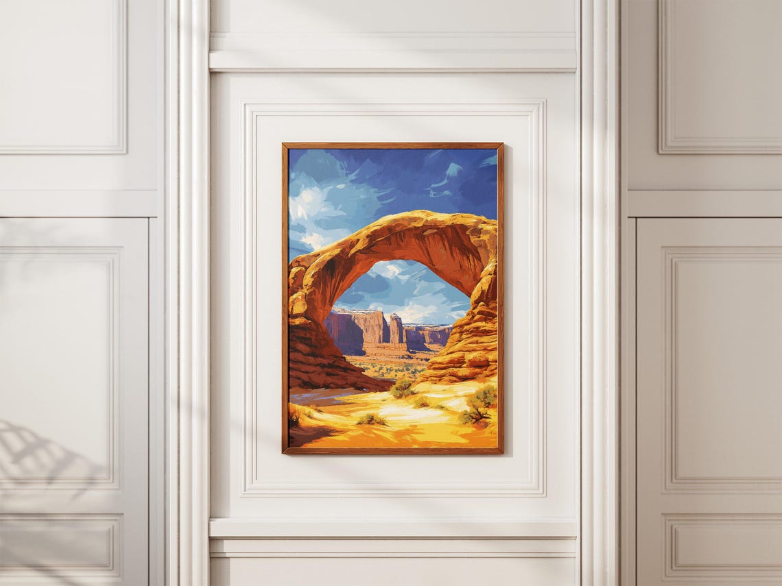 Sandstone Arch Spanning A Desert Canyon Under Blue Sky Poster - Image 2