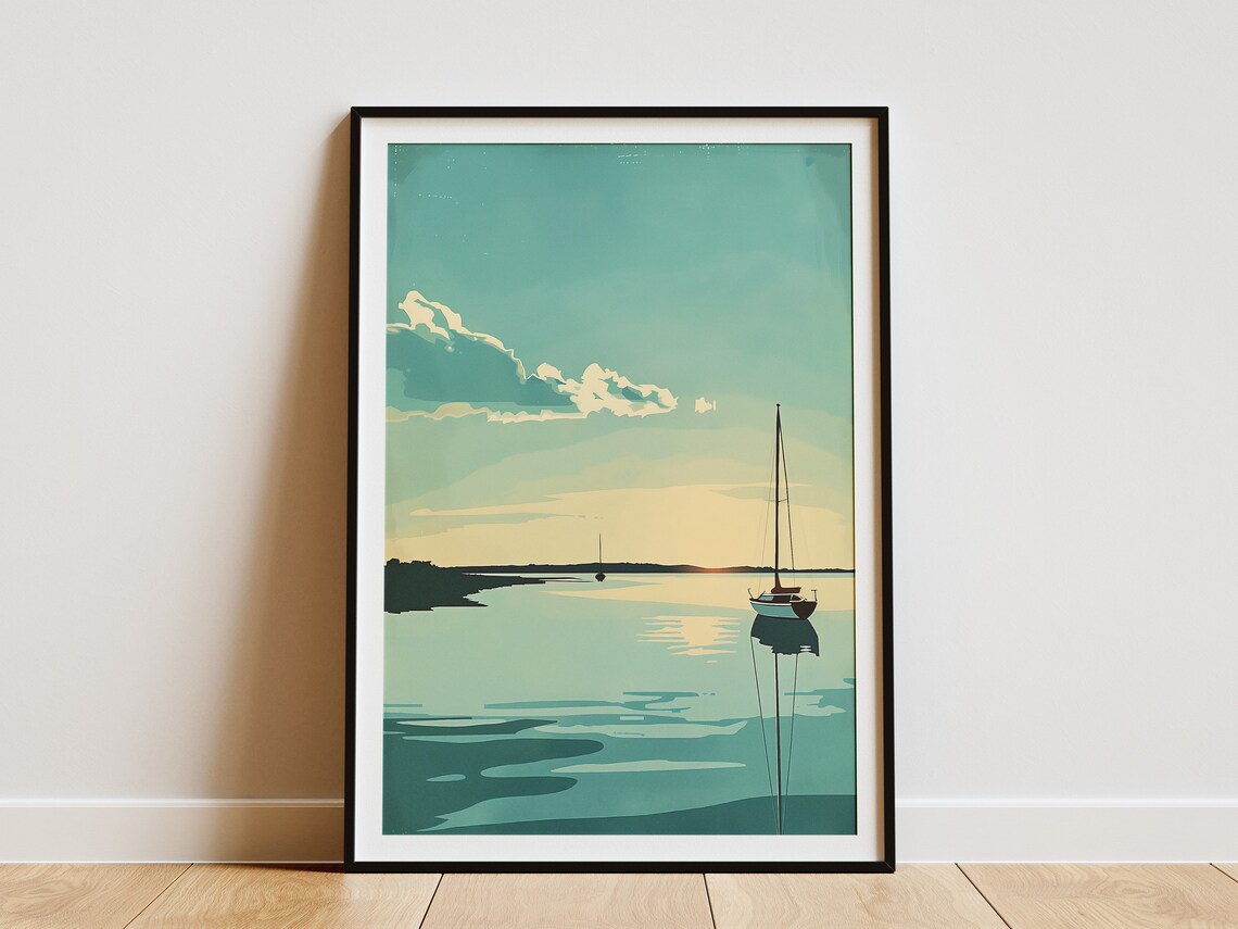 Sailboat Sunset Calm Sea Teal Minimalist Vintage Coastal Poster