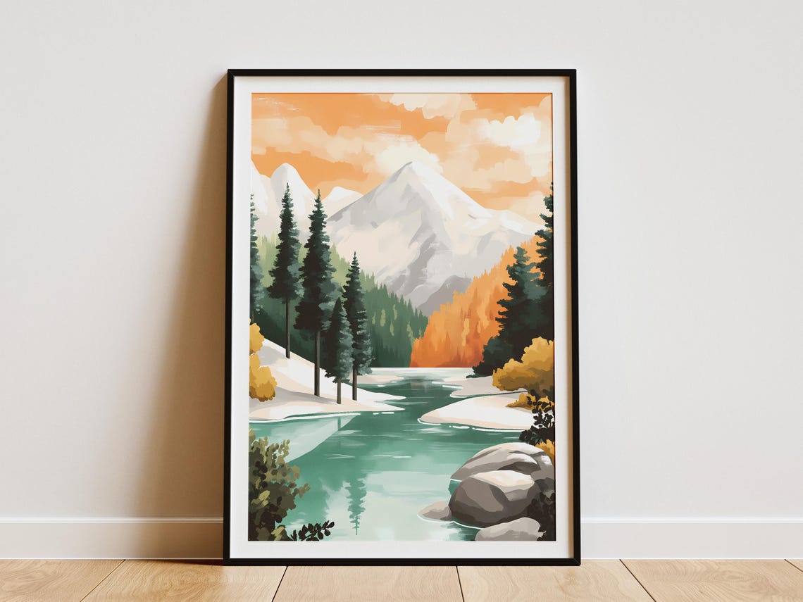 Turquoise Mountain River at Sunset Flowing Below Snowy Peaks Poster