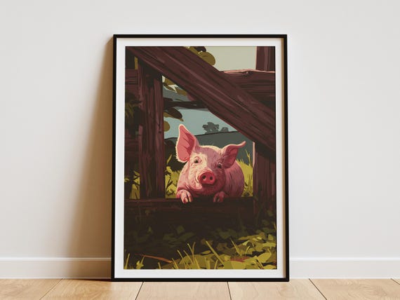 Adorable Pink Piglet Art Print Charming Farm Animal Wall Decor Rustic Barnyard Nursery Poster Cute Farmhouse Country
