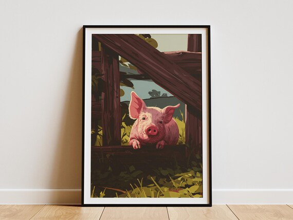 Pink Piglet Peeking Over Wooden Fence Rustic Farm Barnyard Poster