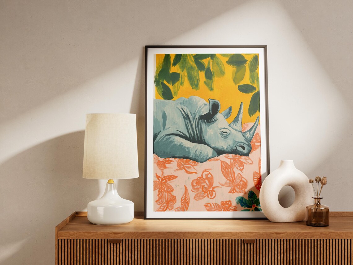 Rhino Sleeping on Floral Bed Yellow Leaves Matisse Style Poster - Image 4