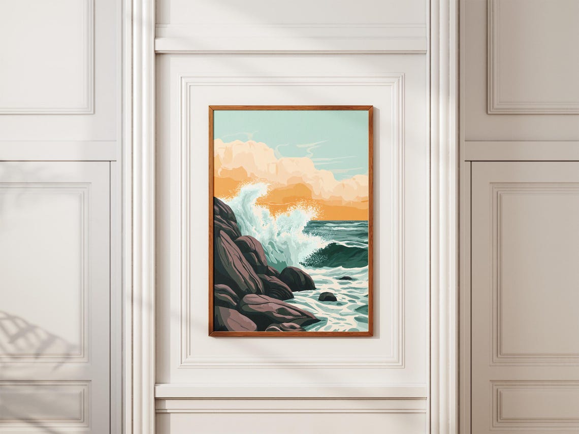 Powerful Wave Crashing on Dark Rocks Under an Orange Sunset Sky Poster - Image 2