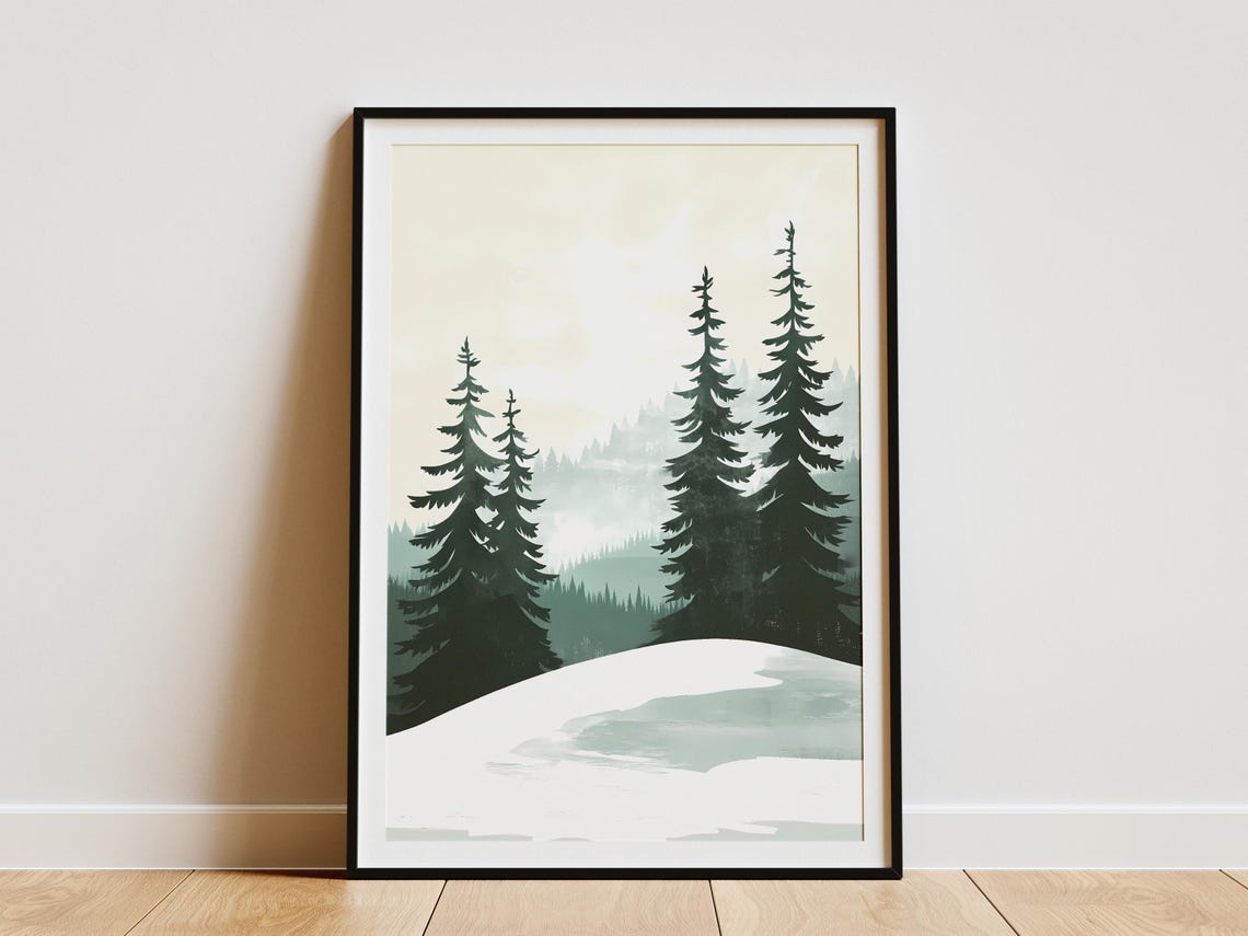 Minimalist Pine Trees On Misty Snow Forest Hill Winter Poster
