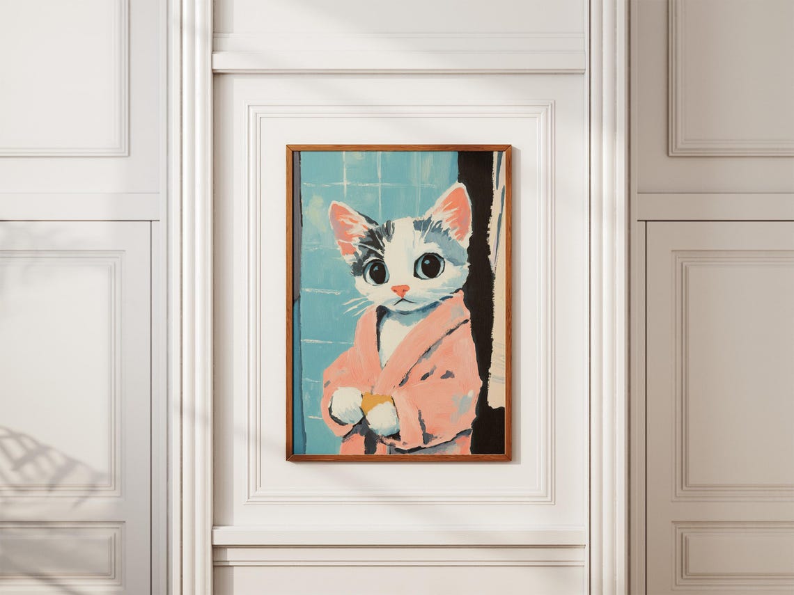 Tuxedo Kitten Pink Bathrobe Big Eyes Cute Nursery Cat Poster - Image 2