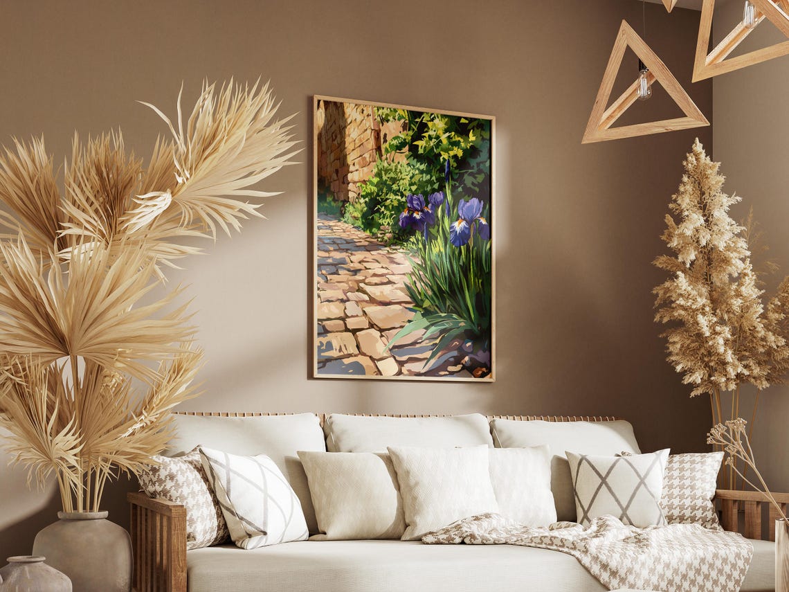Purple Irises Along a Cobblestone Garden Path Poster With Stone Wall - Image 3