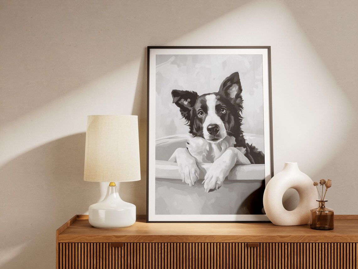 Border Collie Puppy in Bathtub Black and White Cute Dog Decor Poster - Image 4