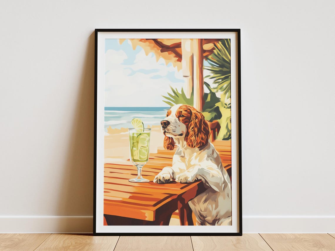 Springer Spaniel Dog Enjoying Green Cocktail At Beach Bar Poster