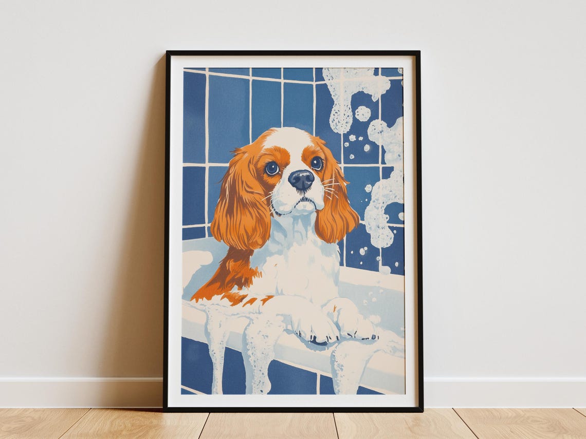 Cavalier King Charles Spaniel in Bubble Bath Cute Dog Poster