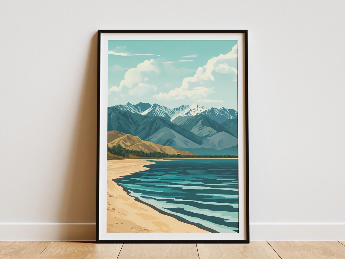 Issyk Kul Lake Kyrgyzstan Sandy Shore Mountain View Art Poster