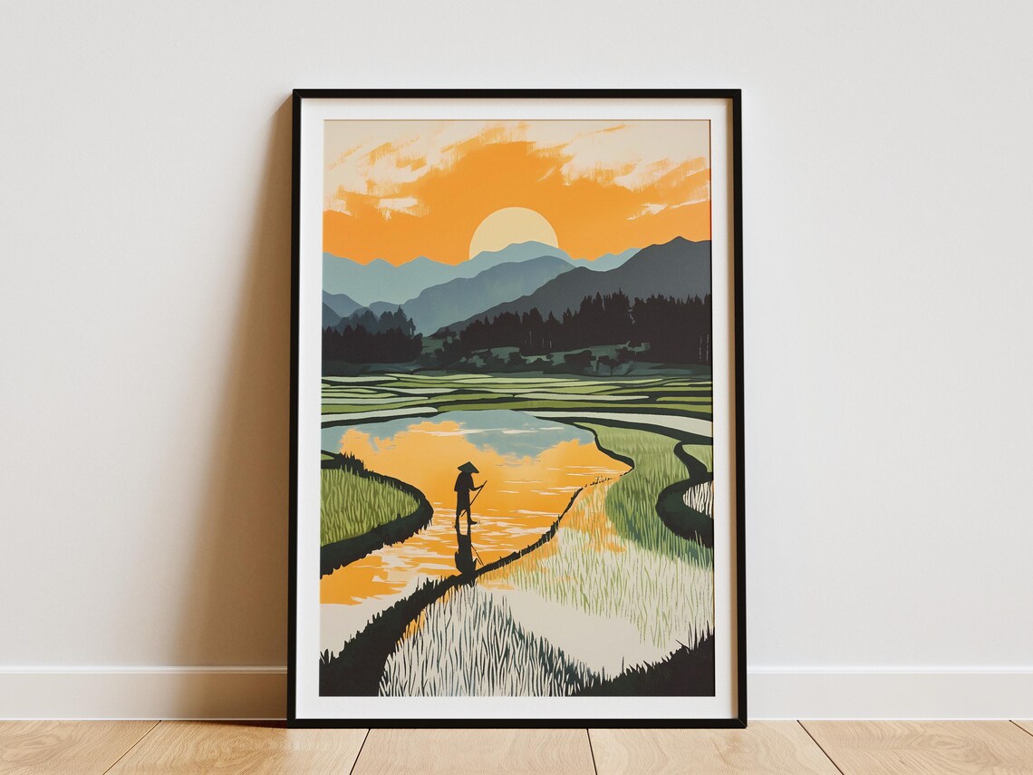 Farmer Silhouette Flooded Rice Paddy Sunset Orange Sky Poster