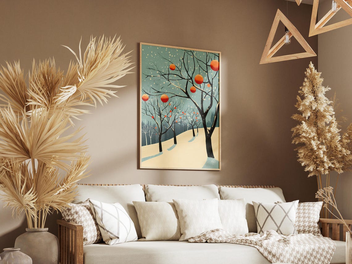 Winter Orchard with Orange Ornaments on Snowy Branches Poster - Image 3