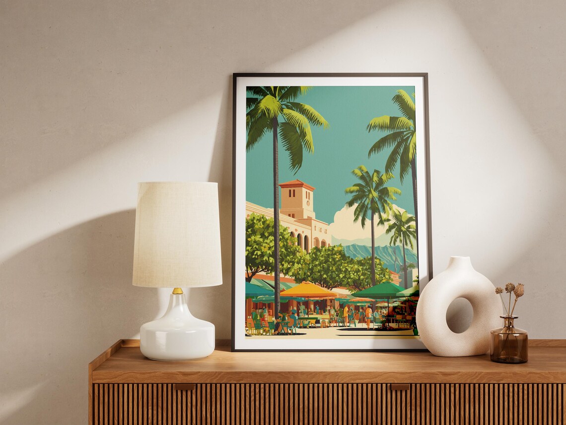 Vintage Tropical Town Square Palms Cafe Umbrellas Travel Poster - Image 4