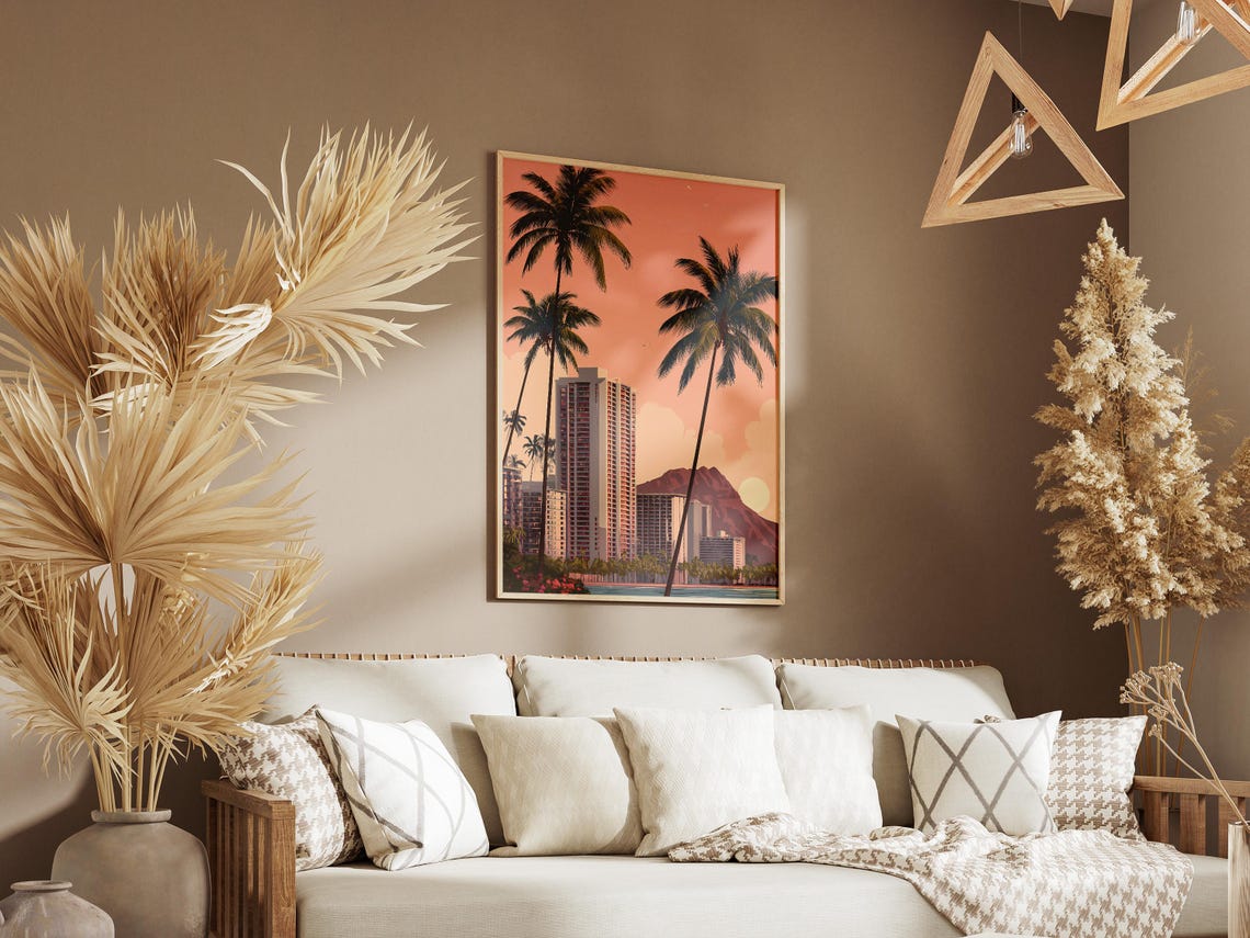 Waikiki Skyline Sunset Diamond Head Palm Trees Beach Art Poster - Image 3