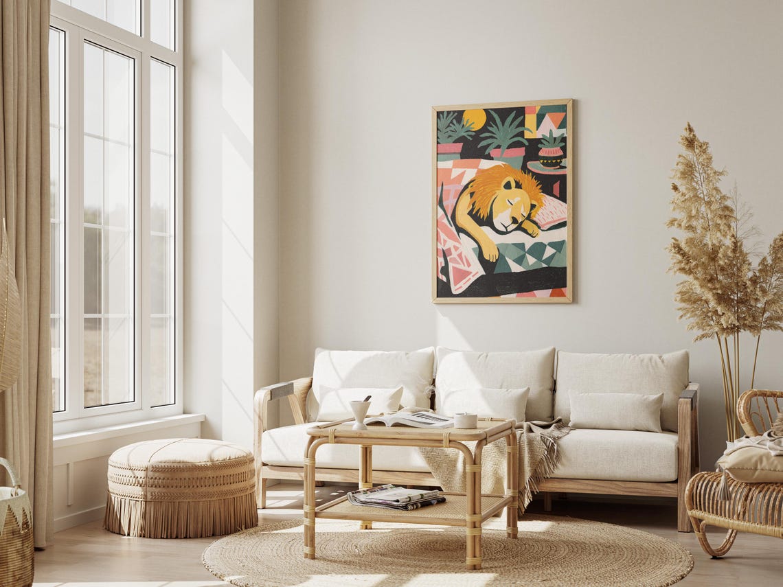 Sleeping Lion Matisse Style Gouache Cozy Patterned Couch Art Poster - Image 3