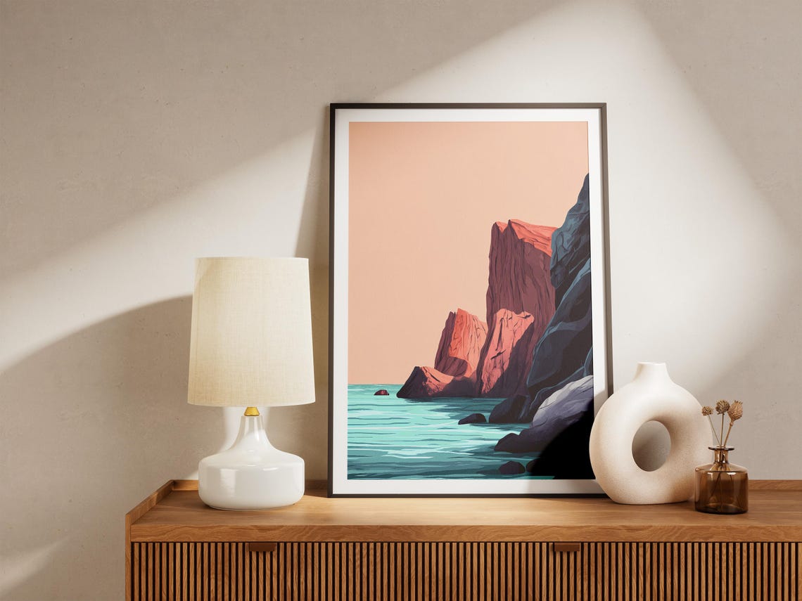 Red Rock Cliffs Over Turquoise Sea Minimalist Coastal Poster - Image 5