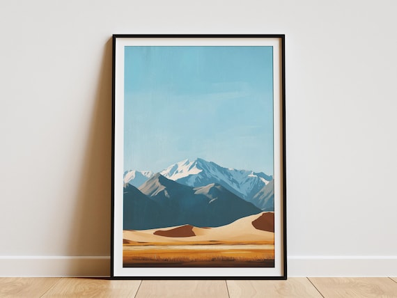 Sand Dunes Before Snow Capped Mountain Peaks Blue Sky Poster