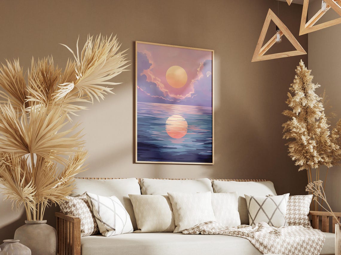 Pastel Purple Sunset Over Ocean With Sun Reflection Artwork Poster - Image 3
