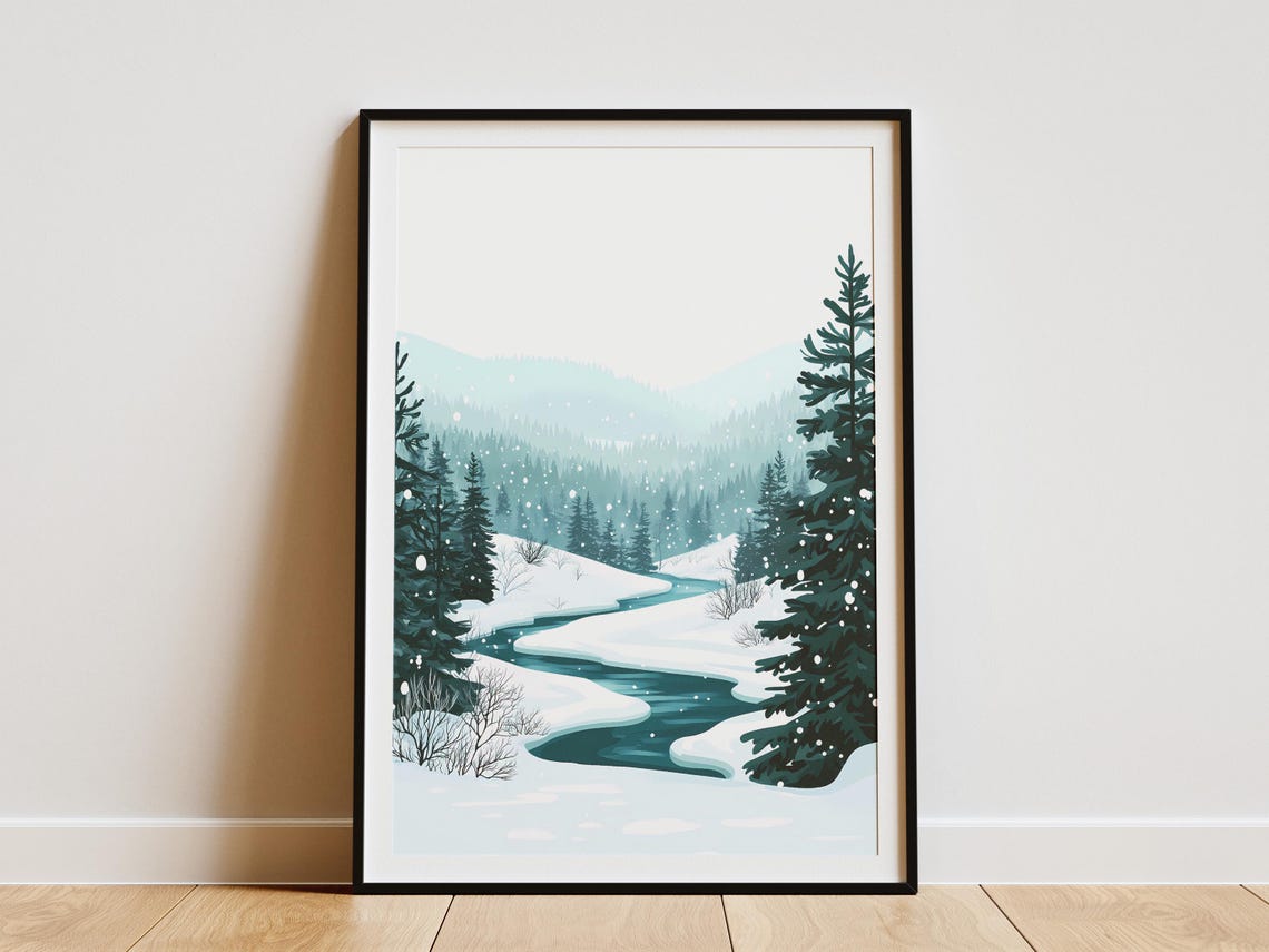 Snowy Teal Forest River Winter Landscape Falling Snow Poster