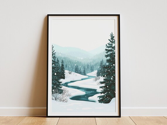 Winter Wonderland Snowy River Landscape Poster Modern Teal Green Forest Art Print Snow Covered Trees Nature Scene Cold Weather Decor