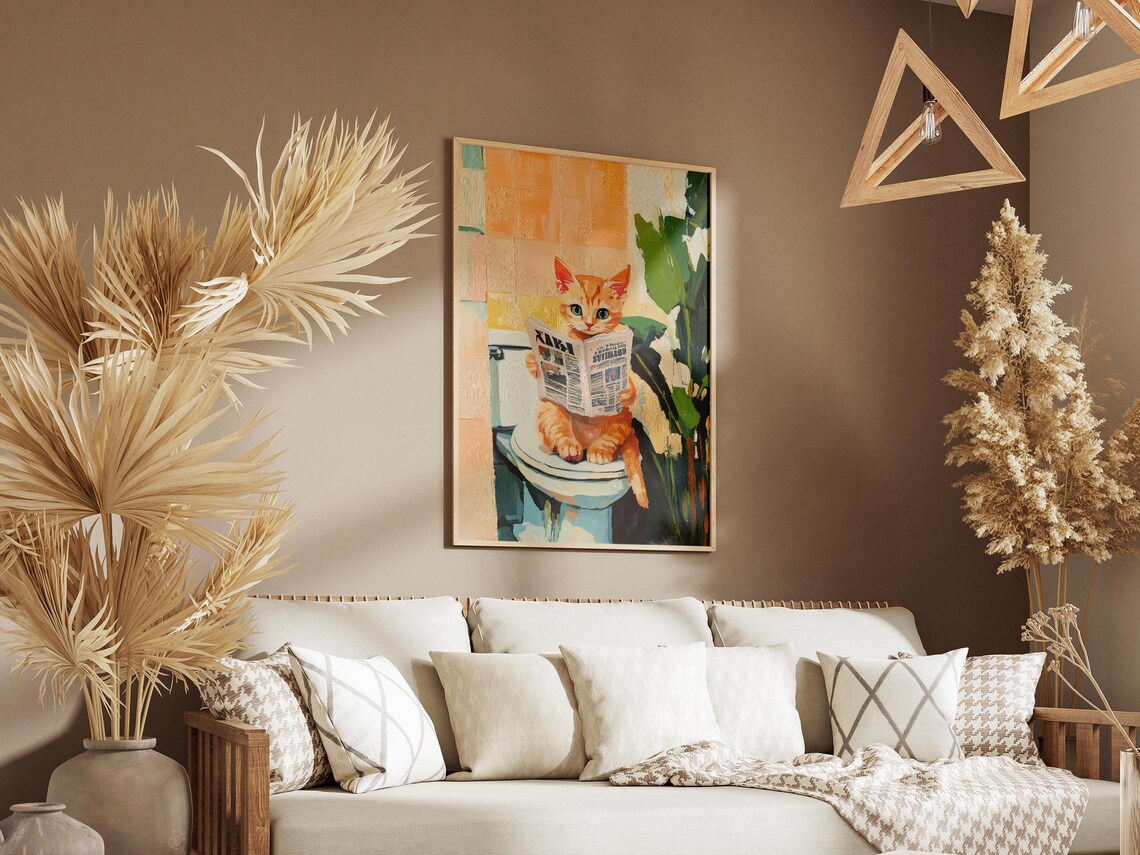 Orange Kitten On Toilet Reading Newspaper Poster Funny Cat Bathroom Art - Image 3