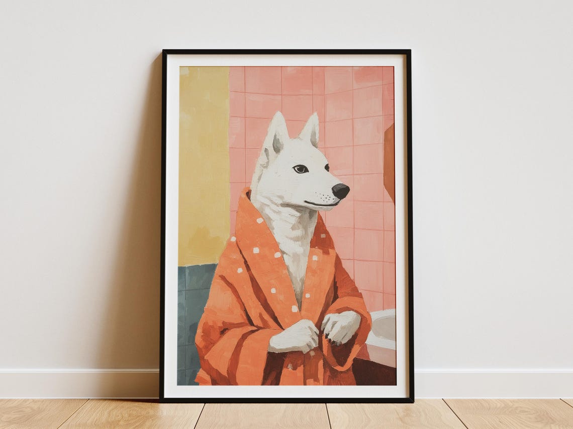 White Dog In Orange Polka Dot Bathrobe Poster Funny Pet Bathroom Art