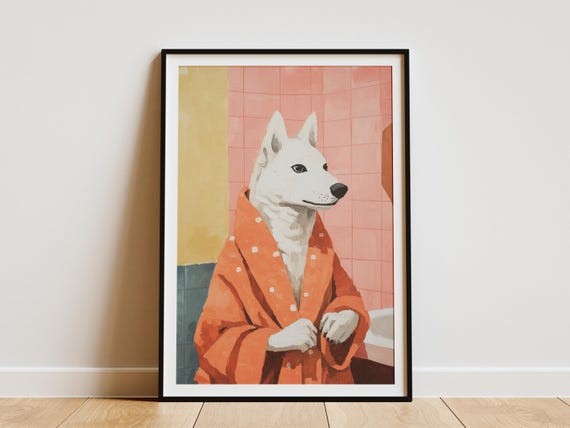 Husky Dog Bathrobe Bathroom Art Print Matisse Style Funny Pet Poster Quirky Decor Lover Gift Modern Unique Wall