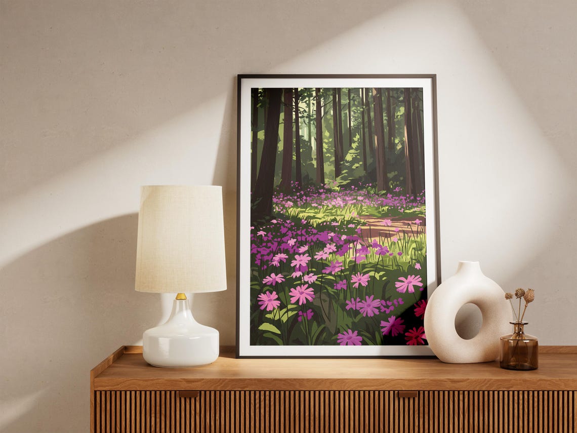 Pink Wildflowers in a Sunlit Pine Forest Clearing Poster in Spring - Image 5