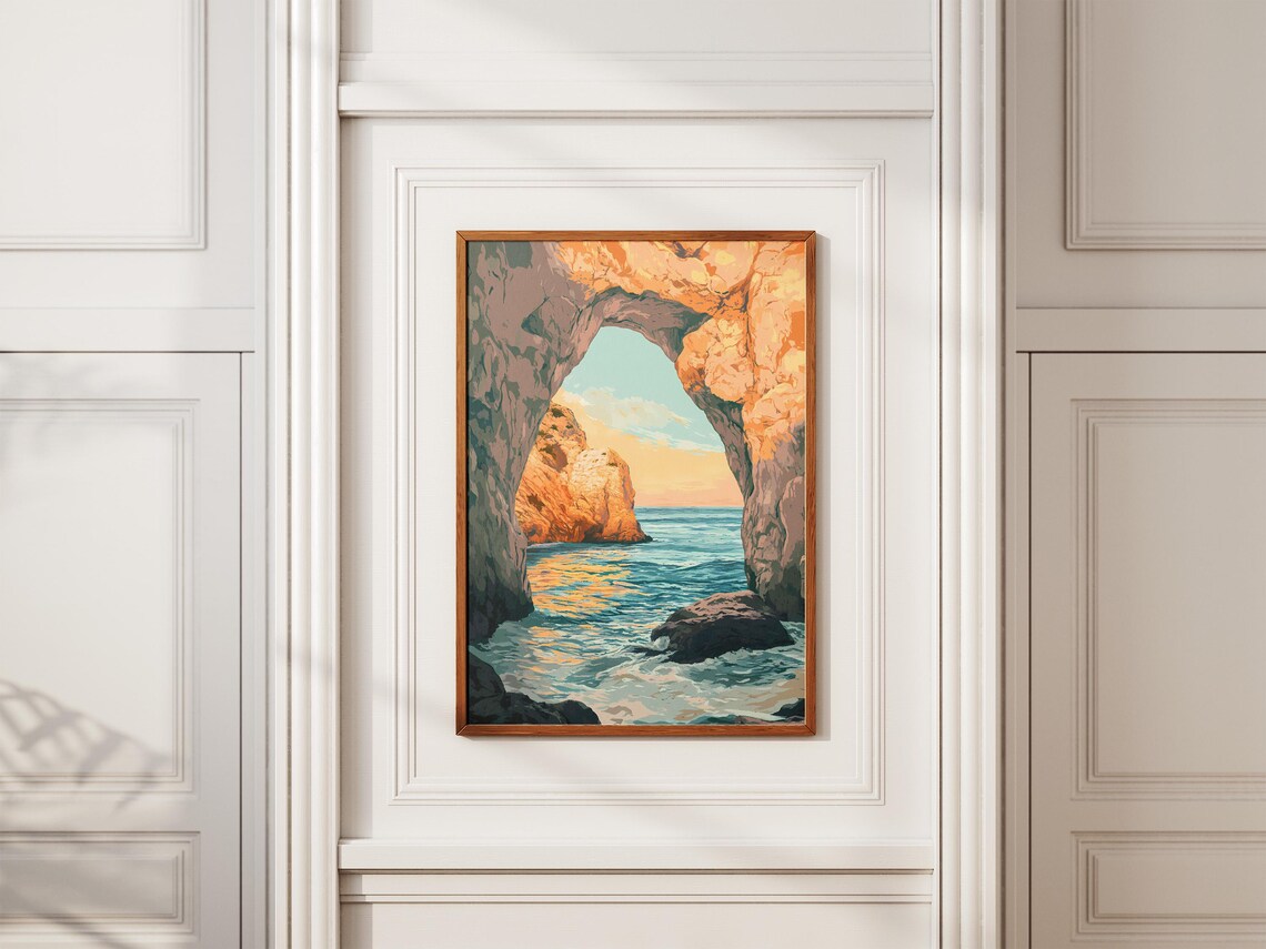 Sunset Sea View Through a Golden Rocky Coastal Arch Window Poster - Image 2
