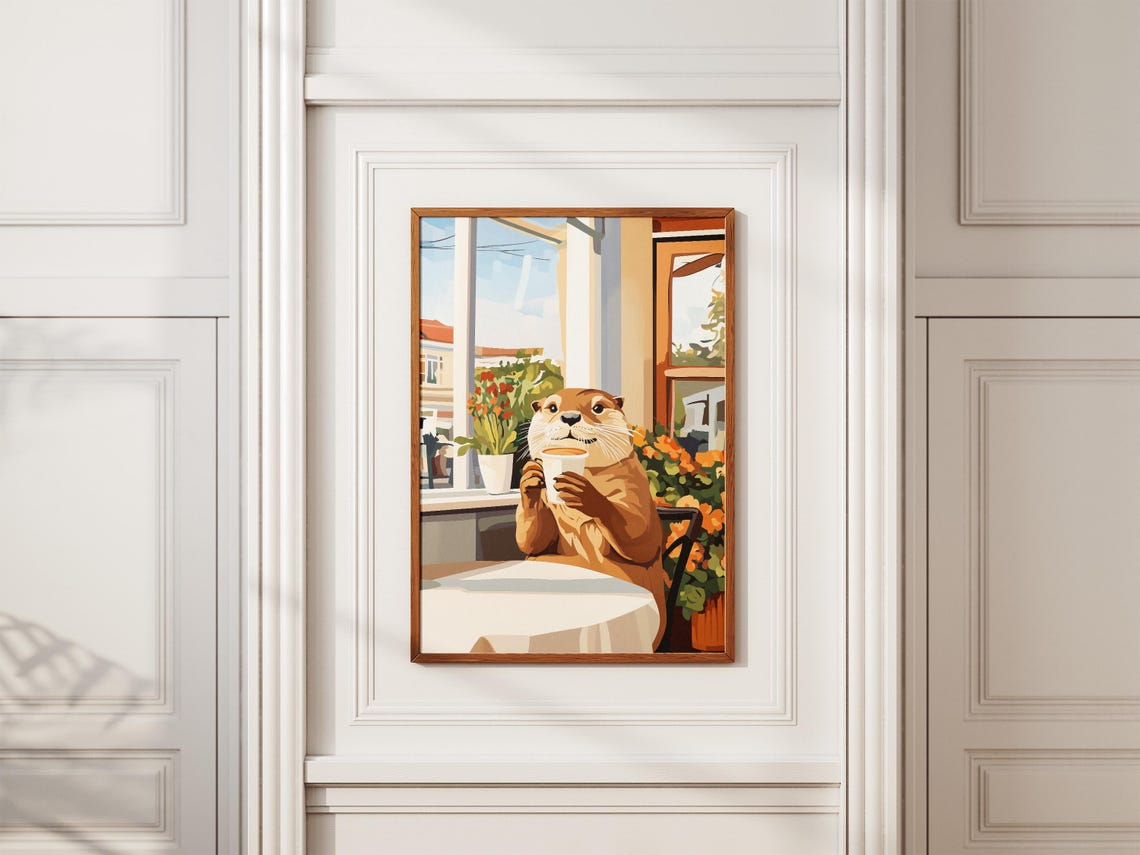 Otter Coffee Poster Cute Animal Cafe Wall Decor Whimsical Gift Decor - Image 2