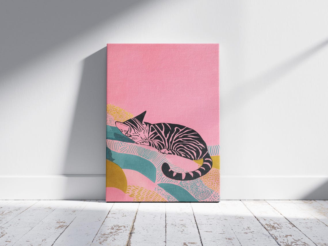 Sleeping Striped Tabby Cat on Pink Modern Abstract Art Poster - Image 2