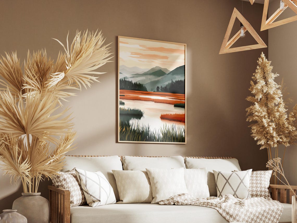 Misty Rust-Orange Rice Paddies Reflecting Teal Mountains Poster - Image 3