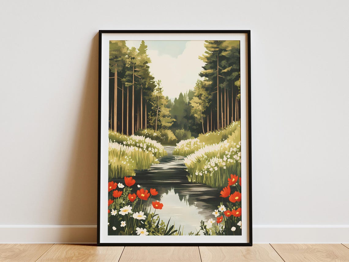 Forest River With Red Poppies And White Wildflower Banks Poster
