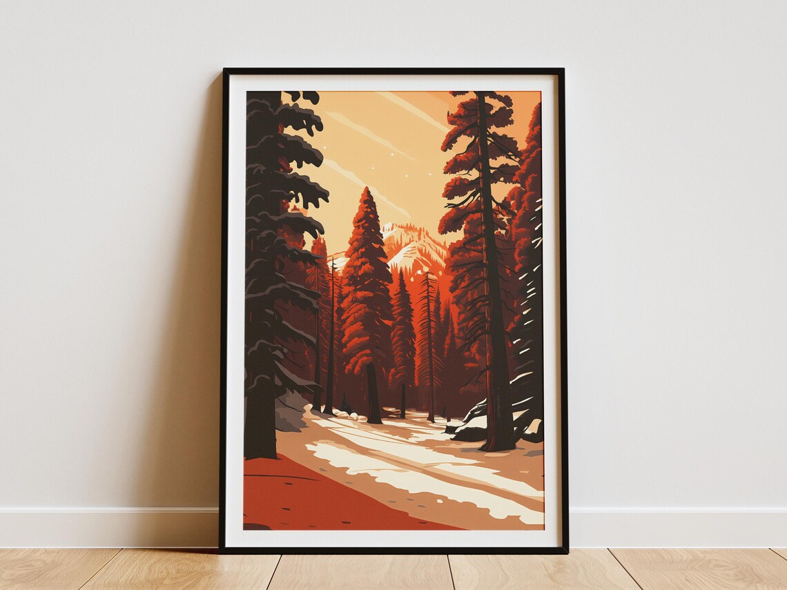 Snowy Sequoia Forest With Towering Redwood Pines Vintage Poster