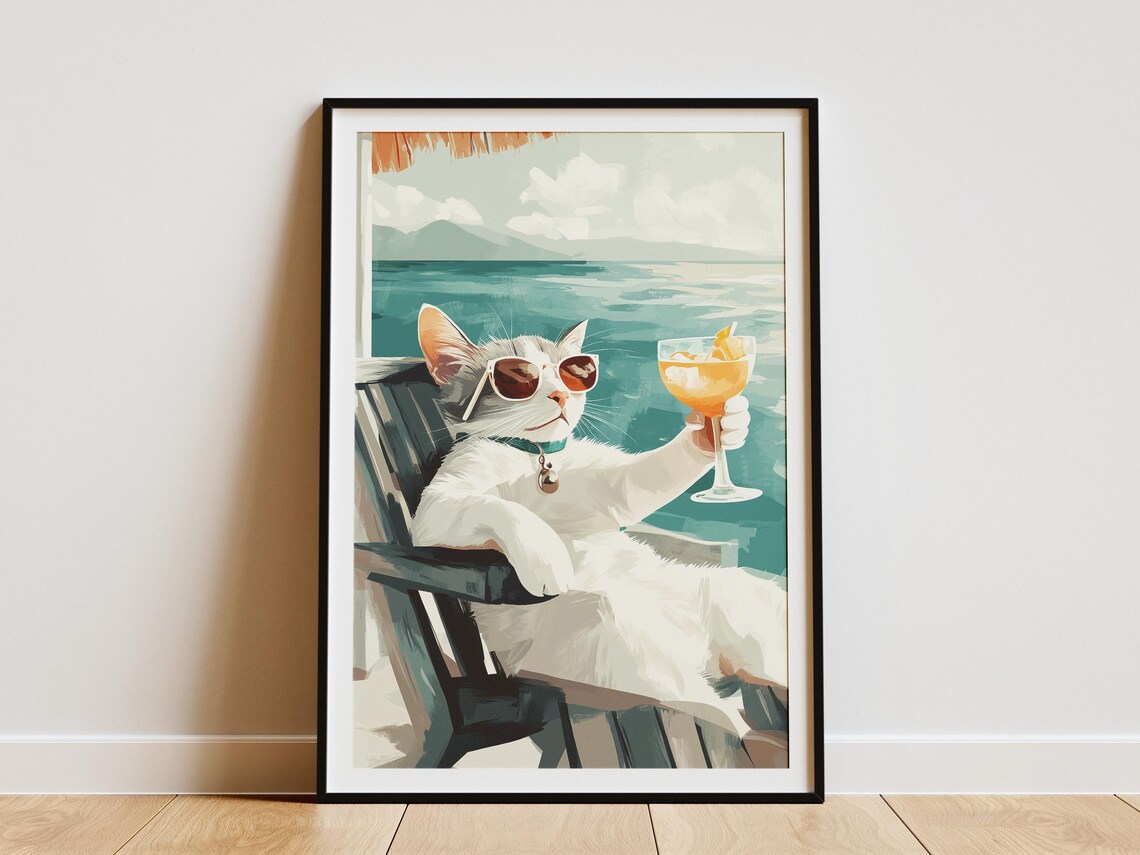 Cool White Cat in Sunglasses Holding a Cocktail at the Beach Poster