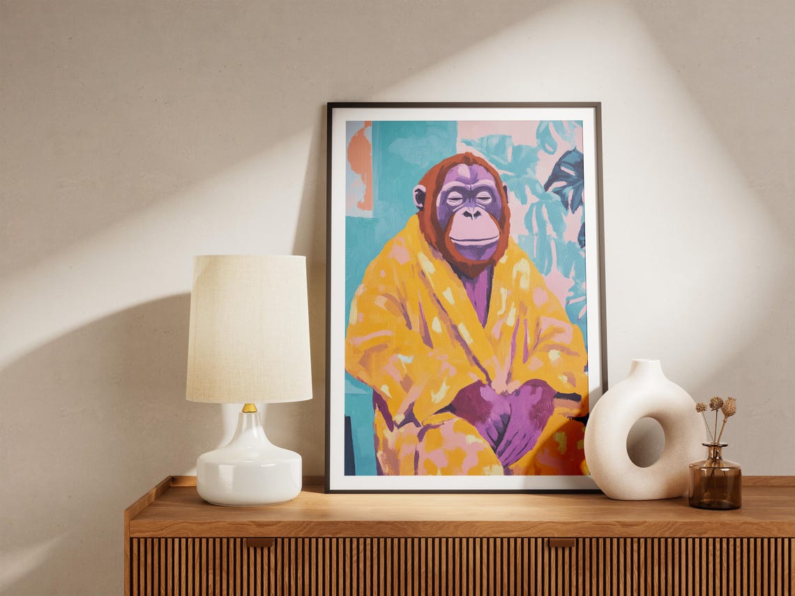 Orangutan In Bathrobe Painting Bathroom Poster Print Modern Animal Art Funky Monkey Cute Ape Primate Decor Wall Home - Image 4