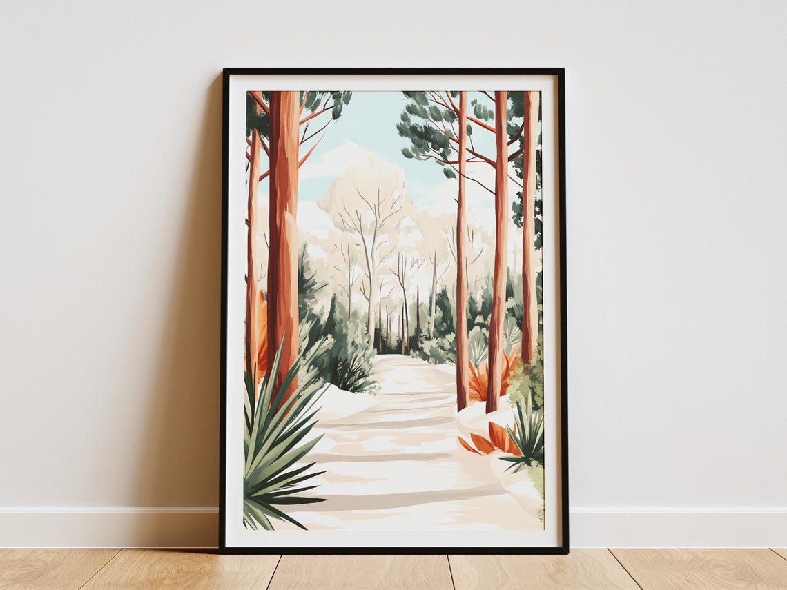 Snowy Winter Forest Path Between Pines and Birch Trees Poster