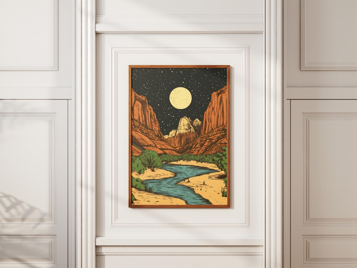 Zion National Park Utah Moonlit Canyon River Starry Night Vintage Art Poster - Image 2