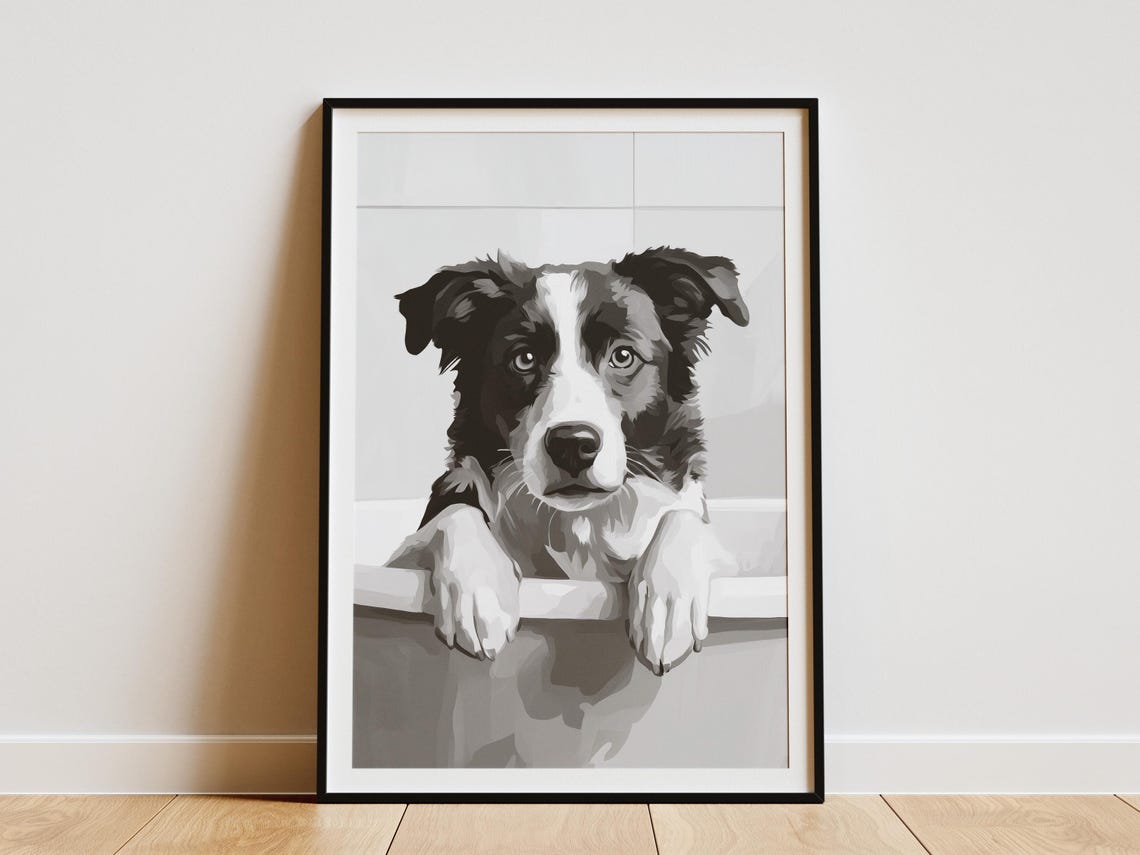 Australian Shepherd Puppy in Bathtub Black and White Cute Decor Poster