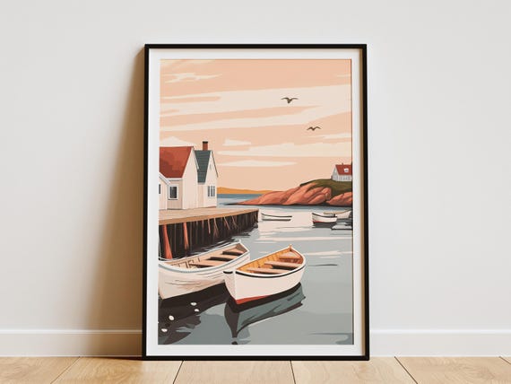 Coastal Cottage Boats Poster Scandinavian Summer Sunset Wall Art Print Calm Sea Cottagecore Decor Modern Nautical Home Decor