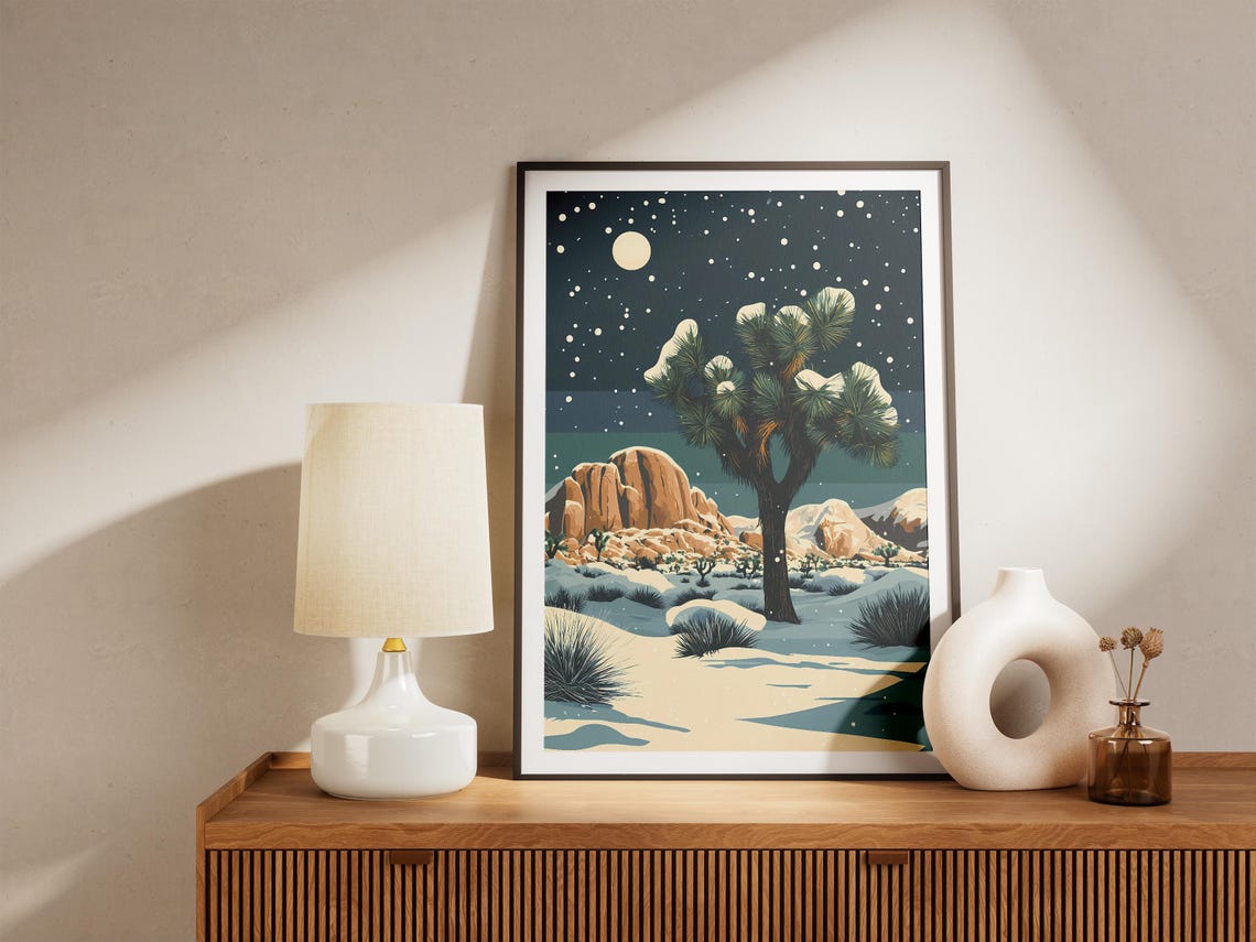 Snowy Joshua Tree National Park Under Moonlit Night Sky Poster - Image 5
