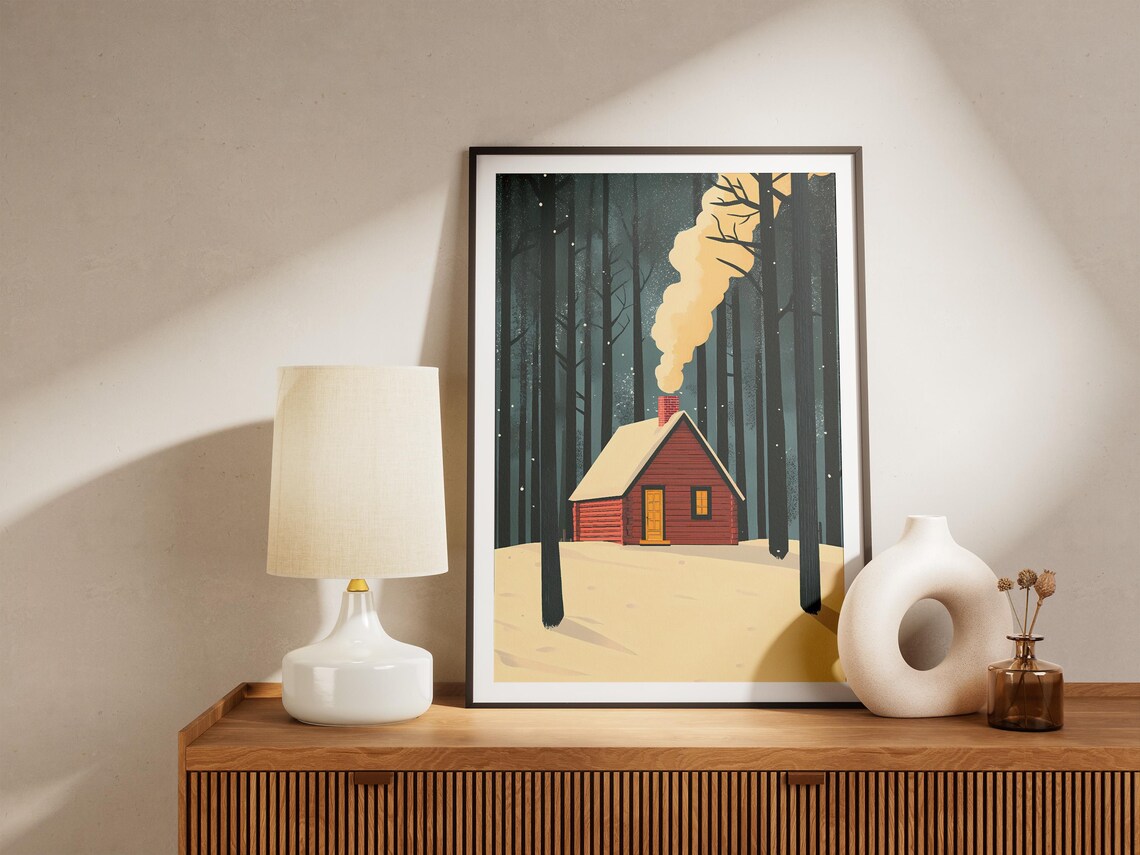 Little Red Cabin in a Snowy Pine Forest With Chimney Smoke Poster - Image 5
