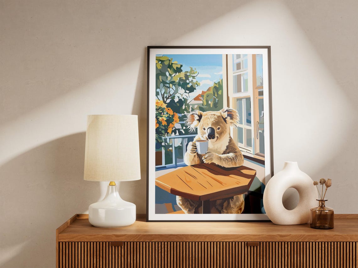 Sleepy Koala Holding a Coffee Cup at Sunny Cafe Window Poster - Image 4